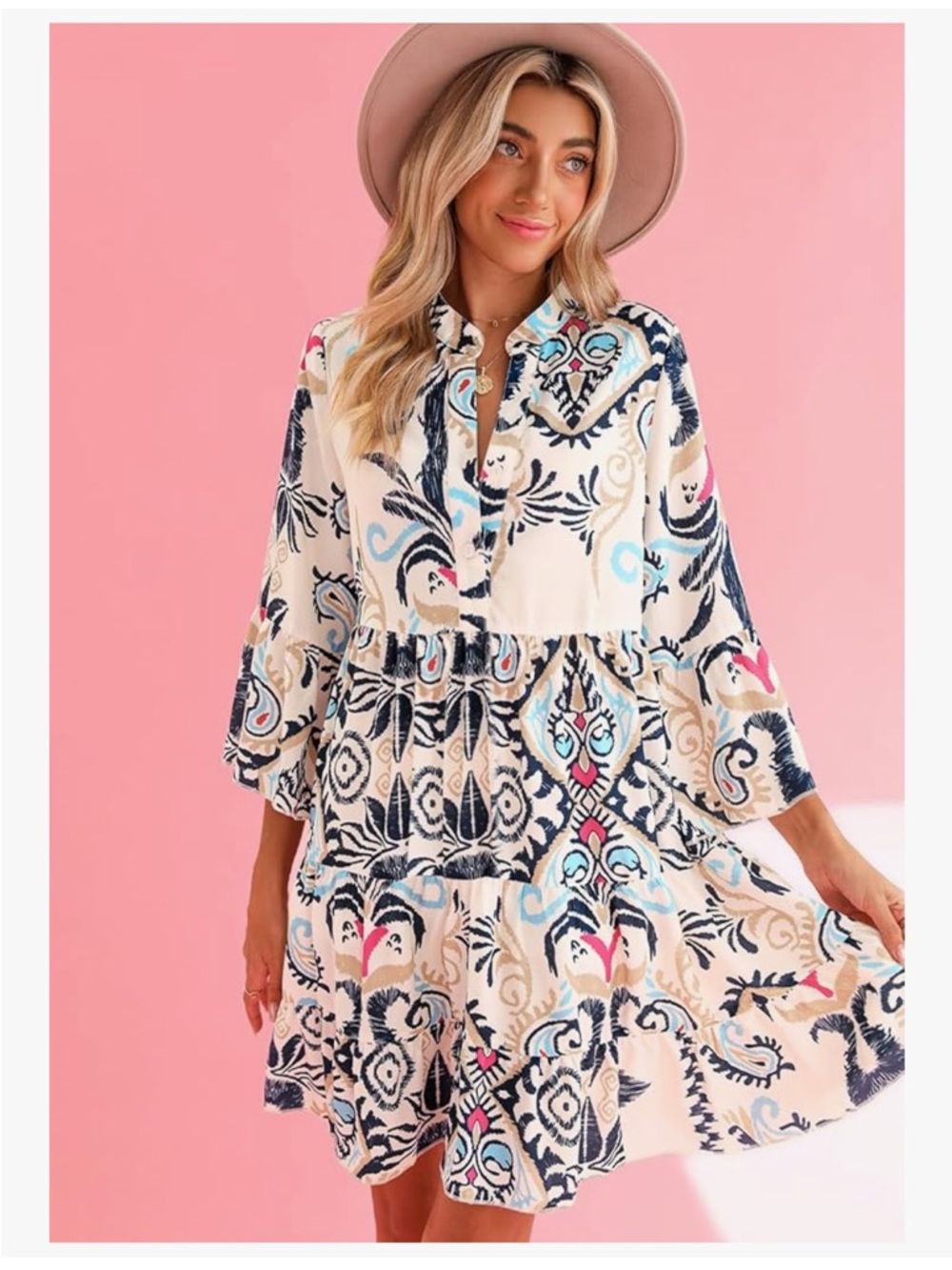 Boho Printed Tiered Mini Dress in Cream